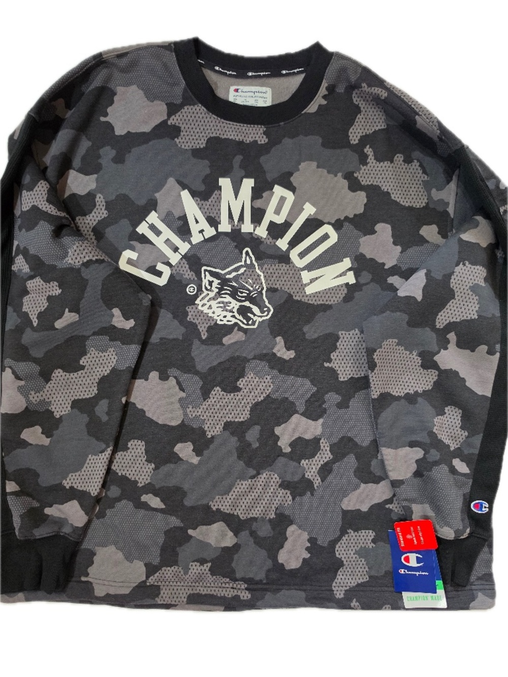 Champion Sweatshirt Mens 2XL Gray Pullover Fleece Camouflage Graphic Heavyweight
